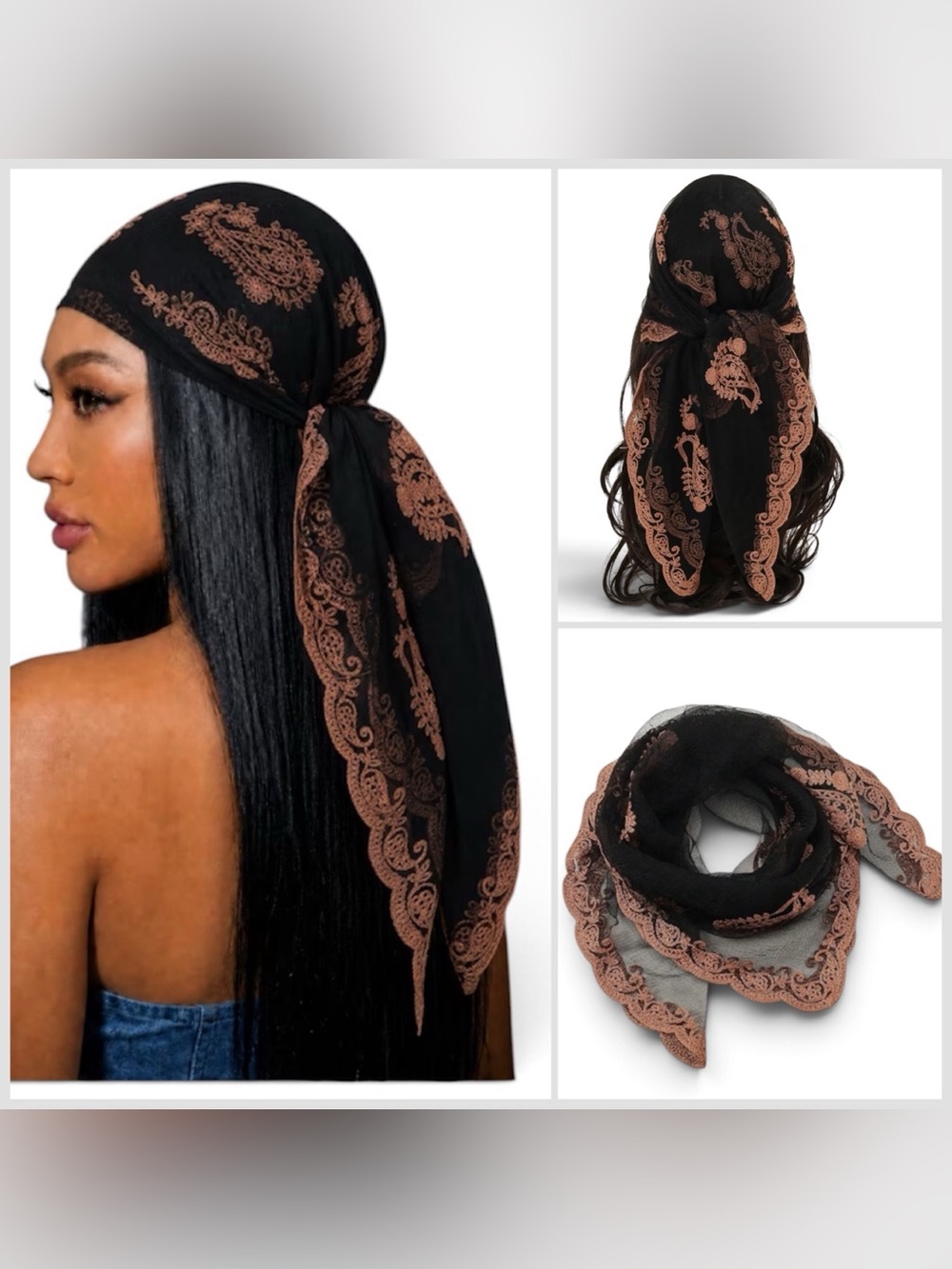 Black Sheer Hair Scarf Headwrap with Copper Paisley Trim